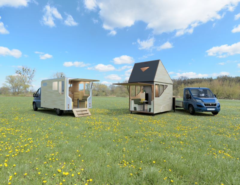 Expandable Wood Truck Camper Opperland serves as Two-story Tiny Hut